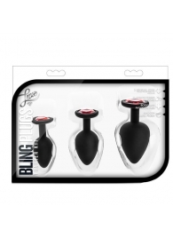 Набор черных анальных пробок с красным кристаллом-сердечком Bling Plugs Training Kit - Blush Novelties - купить с доставкой в Сыктывкаре