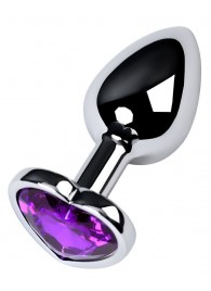 Серебристая коническая анальная пробка с фиолетовым кристаллом-сердечком - 7 см. - ToyFa - купить с доставкой в Сыктывкаре