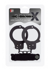 Чёрные наручники из листового металла в комплекте с веревкой BONDX METAL CUFFS LOVE ROPE SET - Dream Toys - купить с доставкой в Сыктывкаре