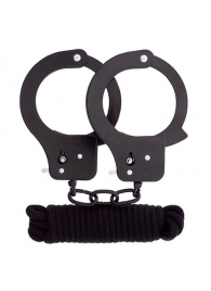 Чёрные наручники из листового металла в комплекте с веревкой BONDX METAL CUFFS LOVE ROPE SET - Dream Toys - купить с доставкой в Сыктывкаре