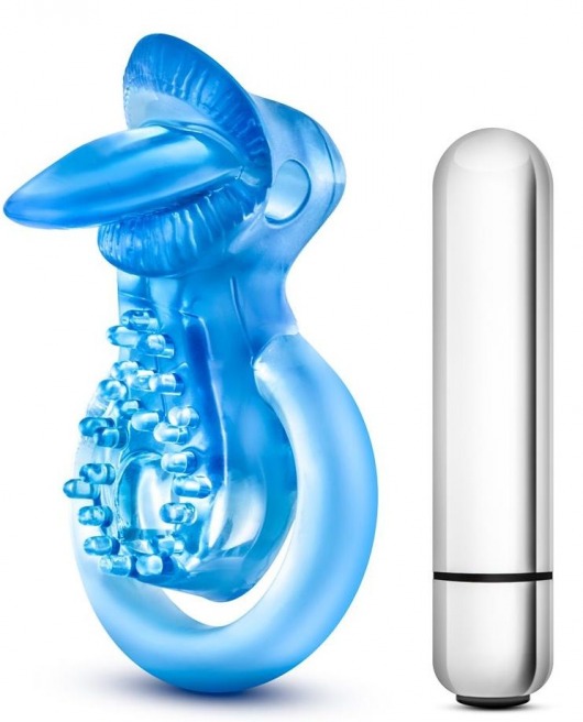 Голубое эрекционное виброкольцо 10 Function Vibrating Tongue Ring - Blush Novelties - в Сыктывкаре купить с доставкой