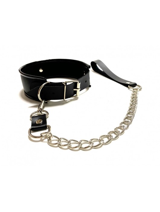 Черный ошейник с поводком из эко-кожи - БДСМ Арсенал - купить с доставкой в Сыктывкаре