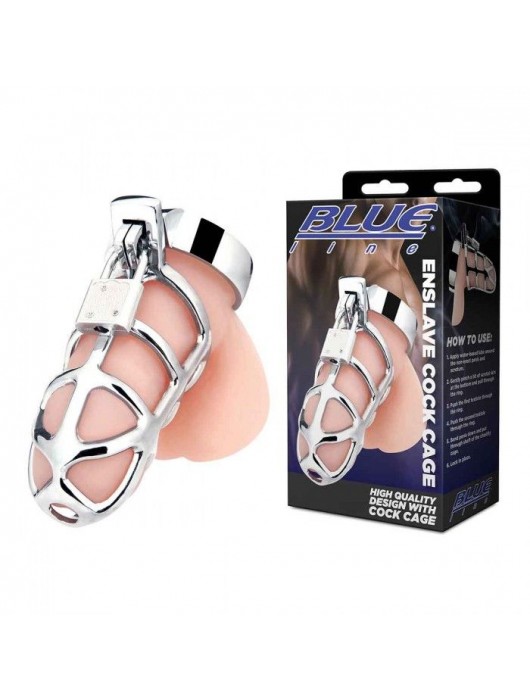 Серебристая металлическая клетка для члена с замком Enslave Cock Cage - BlueLine - купить с доставкой в Сыктывкаре