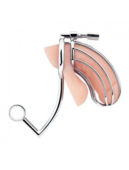 Серебристая металлическая клетка с анальным стимулятором Cock Cage - BlueLine - купить с доставкой в Сыктывкаре