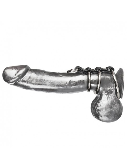 Хомут на пенис из трех металлических колец и кольца для привязи 3 RING GATES OF HELL - BlueLine - купить с доставкой в Сыктывкаре