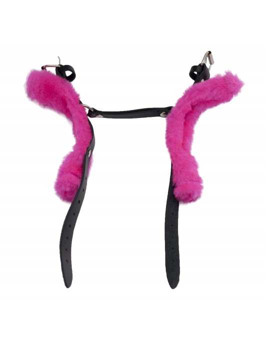 Черные базовые наручники из кожи с розовой опушкой - Лунный свет - купить с доставкой в Сыктывкаре