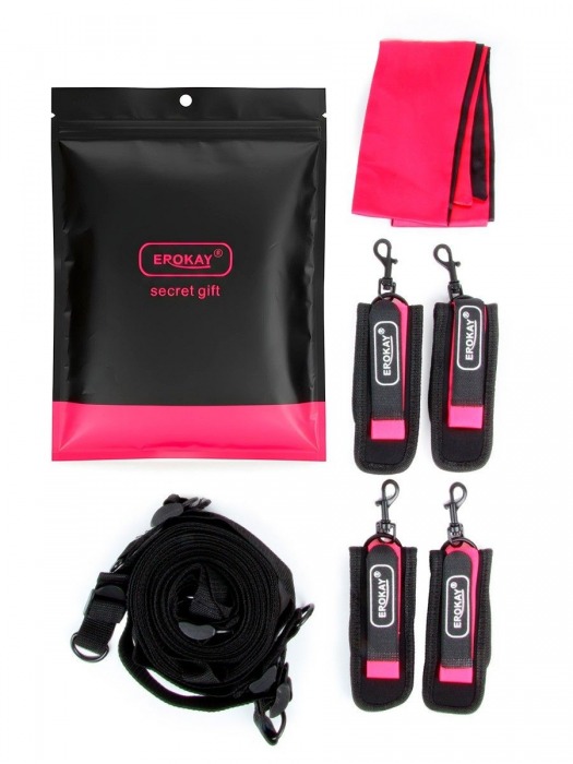 Черно-розовый эротический набор: фиксатор, оковы, наручники, повязка - Erokay - купить с доставкой в Сыктывкаре