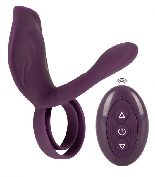 Фиолетовая насадка на член с клиторальным отростком и пультом ДУ RC Couple’s Vibrator 2 - Orion - в Сыктывкаре купить с доставкой